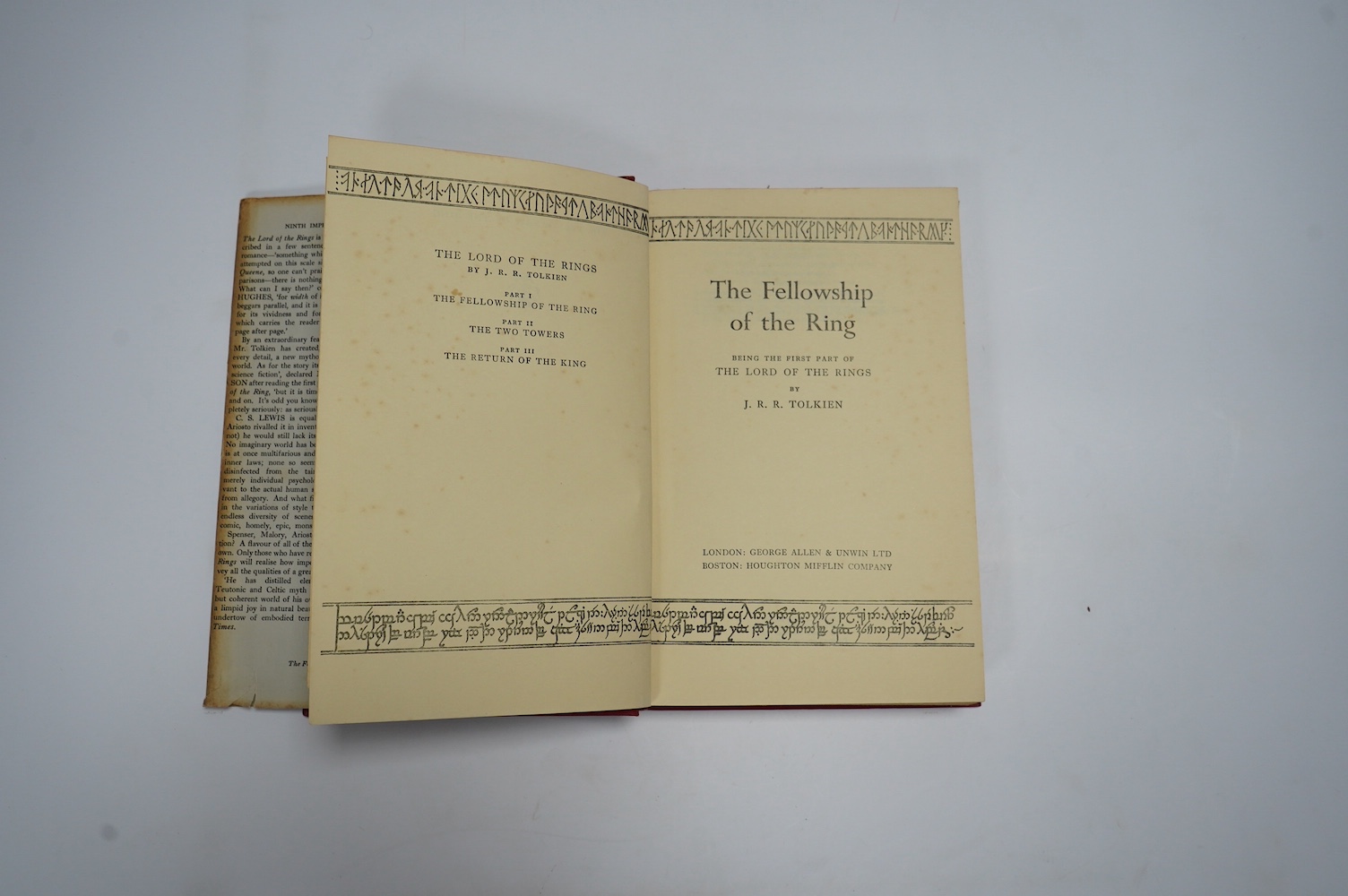 Tolkien, J.J.R - Lord of the Rings, 3 vols, to consist of The Fellowship of the Ring, first edition, 8th. impression, original cloth, folding map at rear, clipped dust-jacket, browned with slight loss to head of spine; T